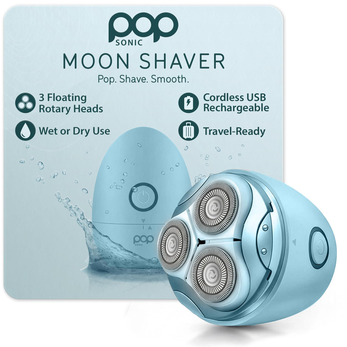 Pop Sonic Moon Shaver – 3-Head Electric Face & Body Shaver – (Black) – 3 Floating Rotary Heads Trimmer w/Removable Cap – Titanium Blades & Lithium-ion Battery – Razors for Women & Razors for Men