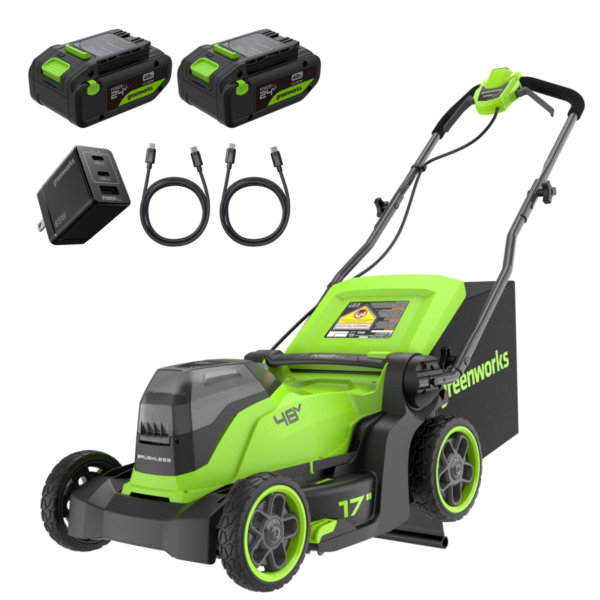 Greenworks 48V (24V x 2) 17in Push Lawn Mower, (2) 4.0 Ah Batteries Kit