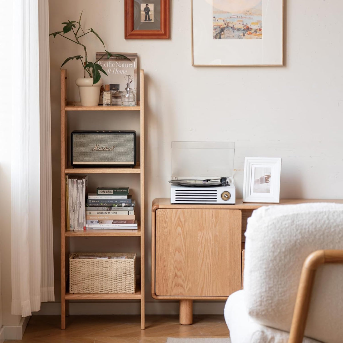 100% Solid Oak 4 Tier Ladder Shelf for Saving Space, Small Bookshelf with Stable Frame, Free Standing Ladder Shelves for Living Room Bedroom Couch(Natural,17.32" D x 16.53" W x 53.54" H)