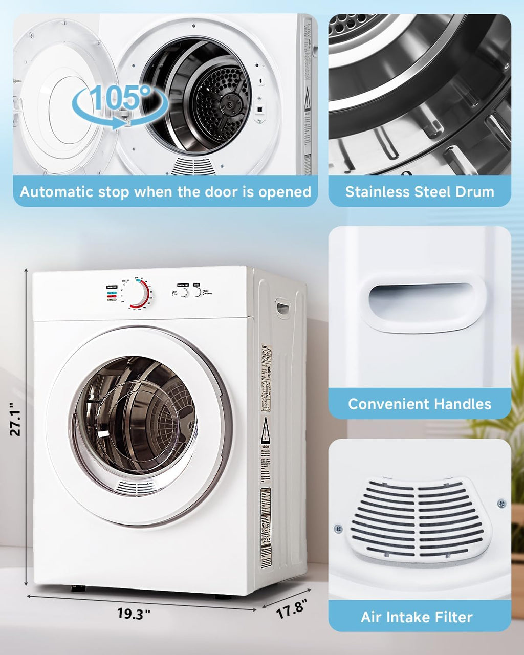 Feelfunn 1020W Portable Clothes Dryer with 4 Automatic Drying Modes