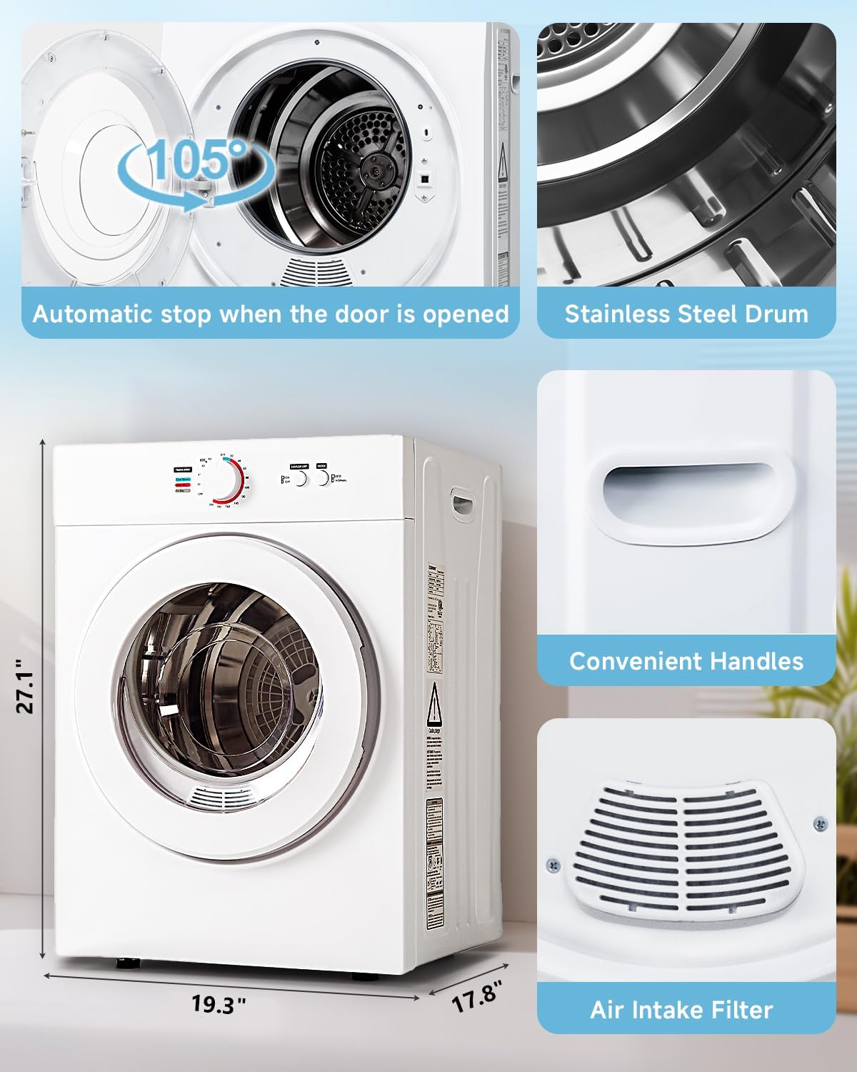 Feelfunn 1020W Portable Clothes Dryer with 4 Automatic Drying Modes
