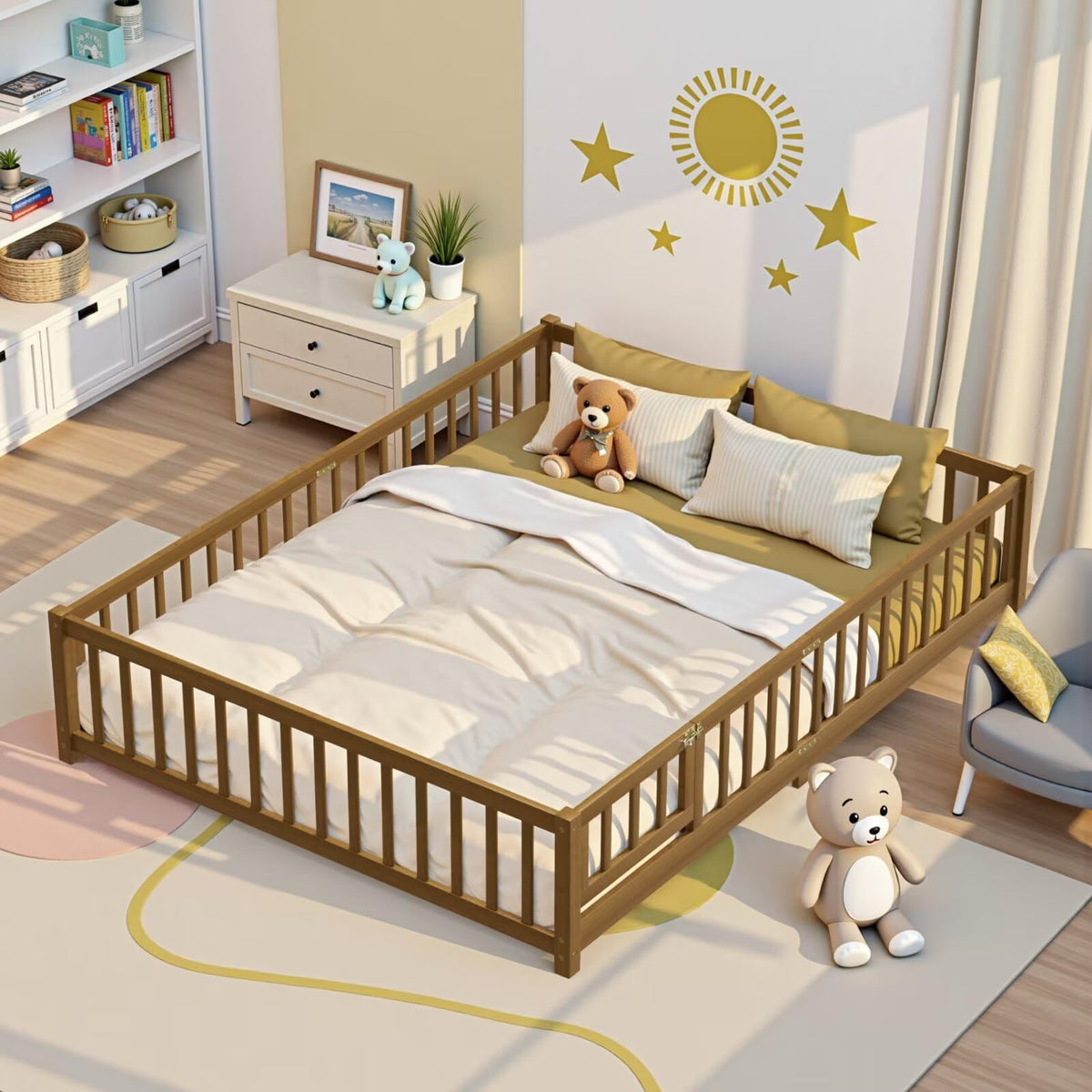 i-POOK Twin Floor Bed for Children, Sturdy Wood Montessori Bed Frame with Wood Slats, High Fence & Small Door, Montessori Floor Bed for Girls and Boys, White
