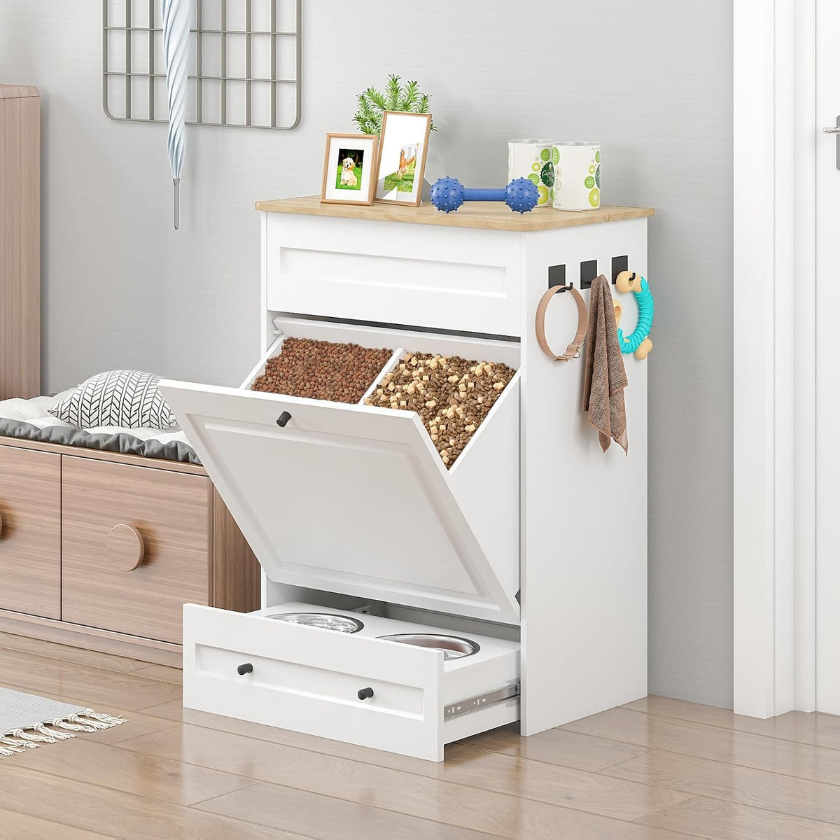 Elevated Dog Feeding Station with Storage, Pull-Out Bowls & Slow Feeder