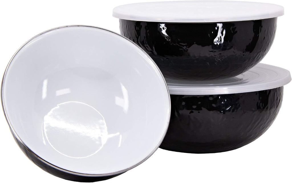 Golden Rabbit Enamelware Nested Mixing Bowls with Lids, Set of 3, Solid White Textured