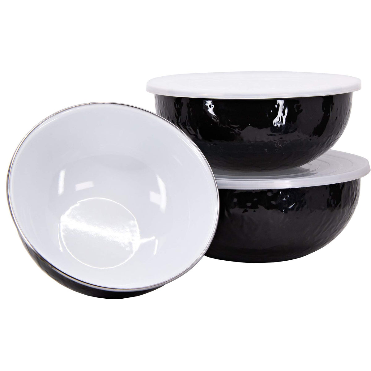Golden Rabbit Enamelware Nested Mixing Bowls with Lids, Set of 3, Solid White Textured