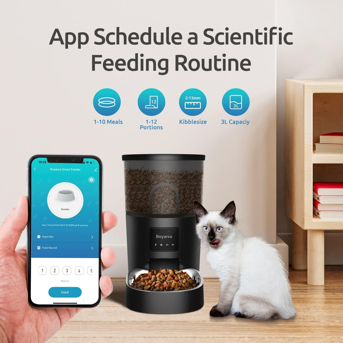 Boyarca Manual Operation Automatic Pet Feeder, Automatic Dog Feeder with Desiccant Bag Automatic Cat Feeders 3L Pet Dry Food Dispenser for Multiple Or Single Cats and Small Dogs