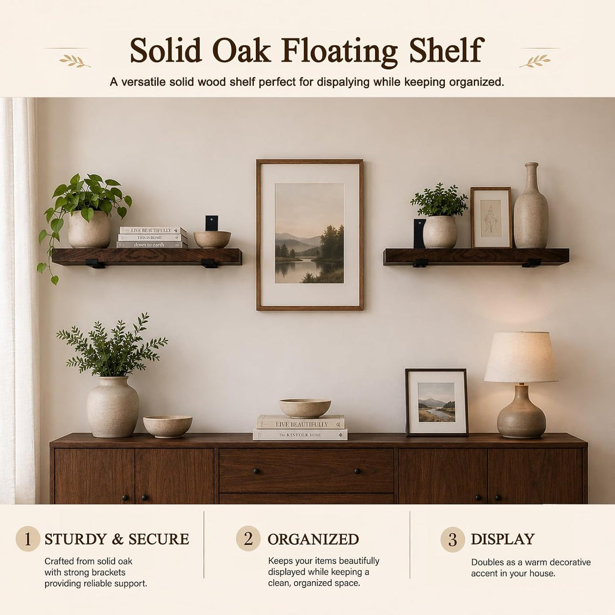 CONSDAN Floating Shelves, USA-Grown Solid Oak Hardwood Wall-Mounted Shelf for Bedroom/Bathroom/Living Room/Kitchen, Wall Shelves Over Toilet, 16x7.5x1.5 in, Dark Oak
