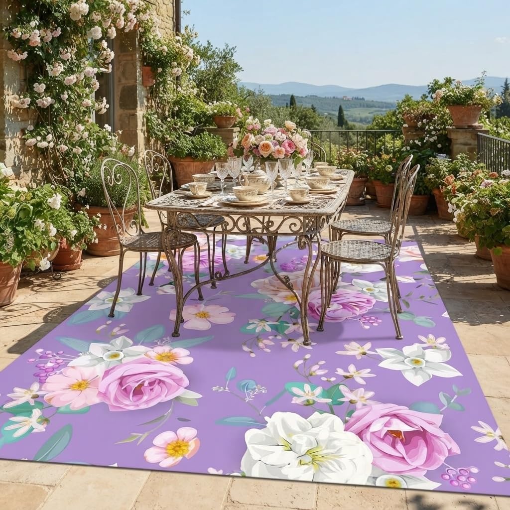 White Pink Beige Gentle Elegant Outdoor Floral Rugs 9x12 Contemporary Aesthetic Texture Thin Non Slip Durable Indoor Outside Carpets for Garden Backyard Balcony Patio Deck Veranda Deck Mats