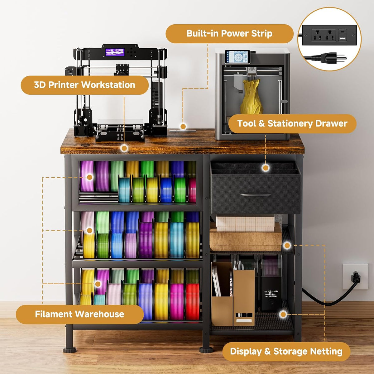 3D Printer Stand with Filament Storage Rack, Heavy Duty 3D Printer Table with Power Outlet, 4-Tier Filament Holder with Drawer, 3D Printer Filament Stand Organized for Office Workshop Studio