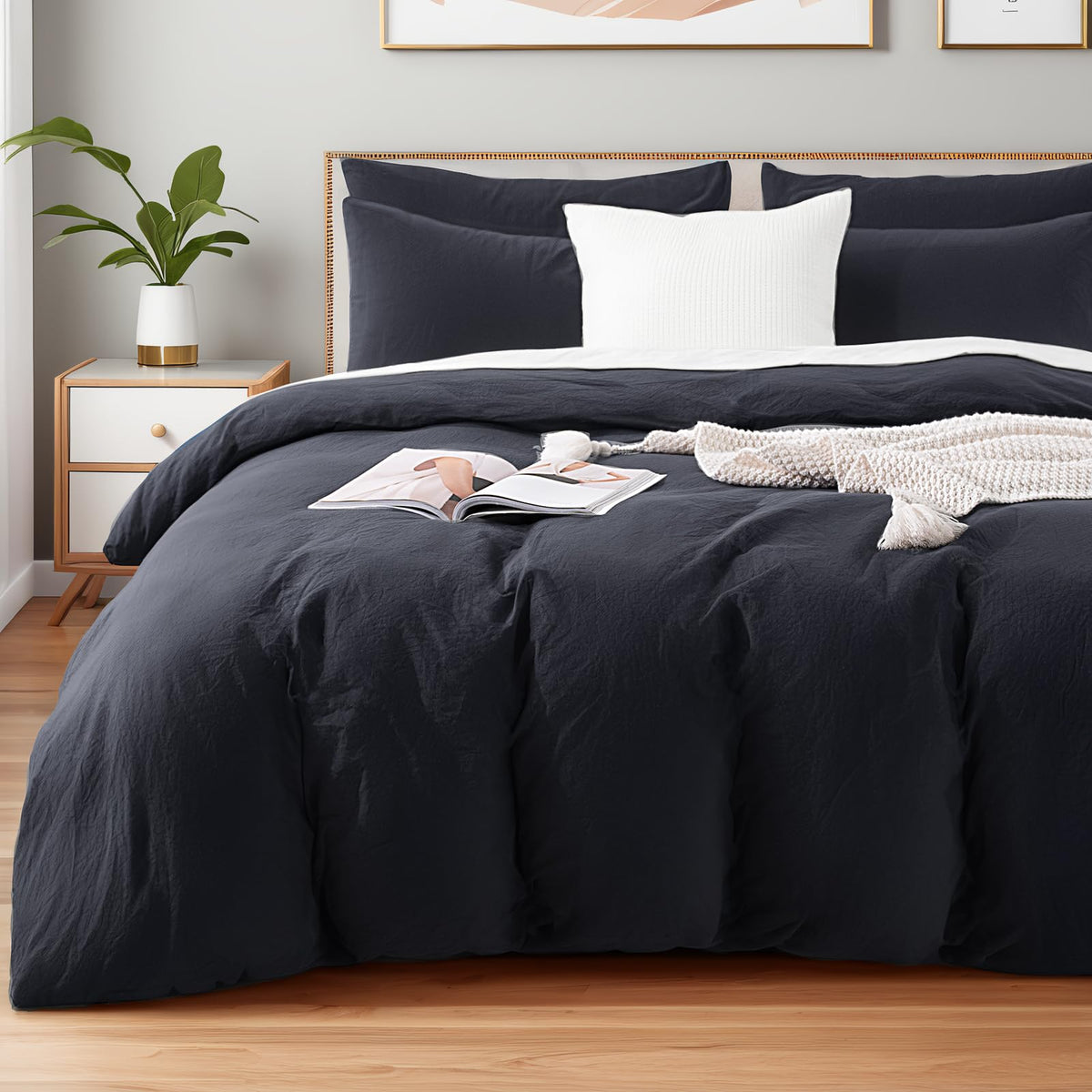 NEXHOME PRO Duvet Cover Set Queen Size Linen Look Textured 100% Washed Cotton Duvet Cover Burgundy Dark Red 3 Pieces Bedding Set with Zipper Closure,Breathable, Soft Organic Natural(No Comforter)