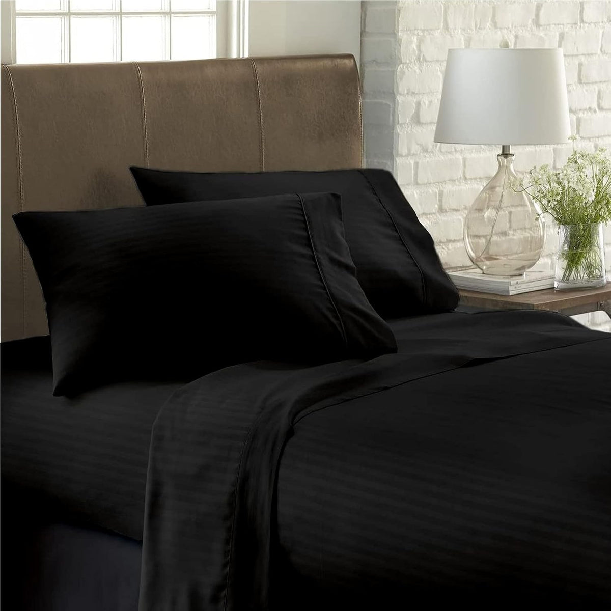 USA Full XL Sheet Set in Black Stripe 400 Thread-Count 100% Egyptian Long Staple Cotton, Sateen Weave for Soft and Silky Feel, Breathable 4-Piece Bedsheet, Elasticized 24'' Extra Deep Pocket