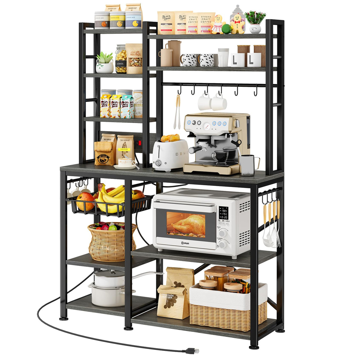 SNTD 6-Tier Bakers Rack with Power Outlets, 36 x 14.6 x 72 in, Rustic Brown