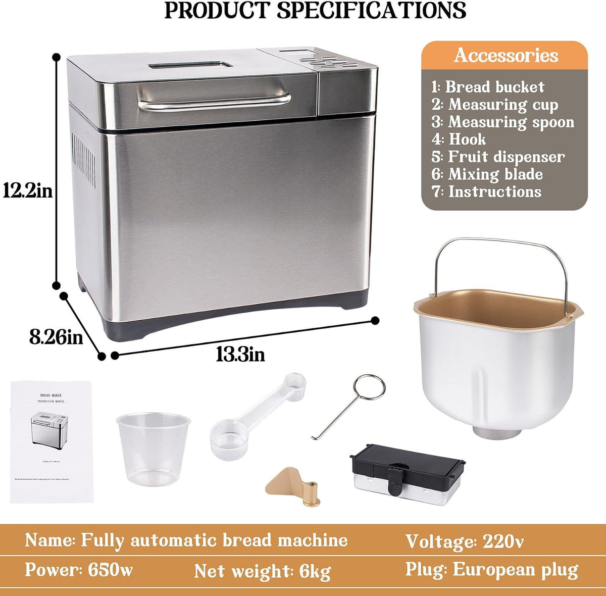 Stainless Steel Bread Machine, 2LB 17-in-1 Bread Maker with Fruit Nut Dispenser, Nonstick Ceramic Pan& Digital Touch Panel, 3 Loaf Sizes 3 Crust Colors