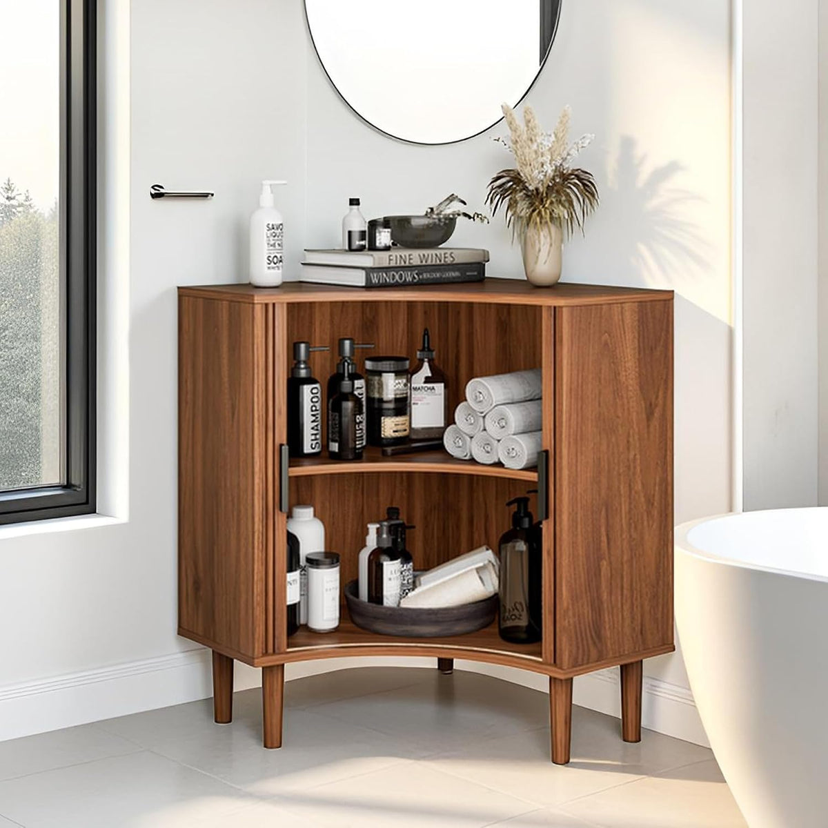 Lxsxlome Fluted Corner Cabinet with Sliding Doors and Adjustable Shelves