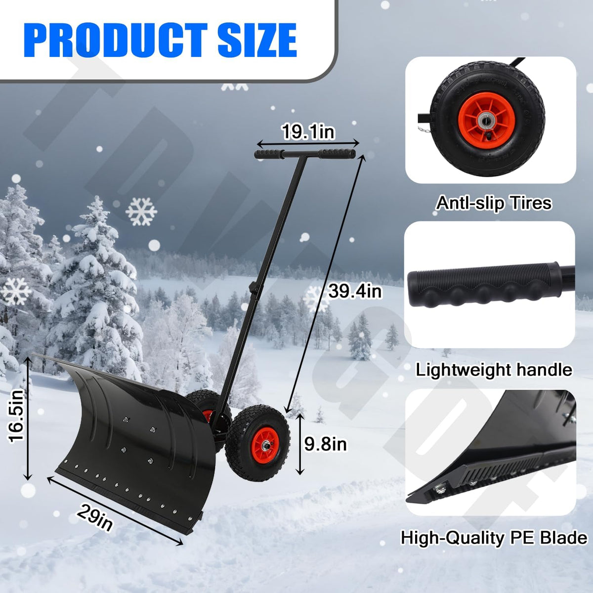 Snow Pusher with Wheels, 29" Wide Snow Shovel for Driveway, 5-Position Angle & Height Handle Ergonomic Design for Back-Save Effort Snow Removal (Single Rod-W 29'')