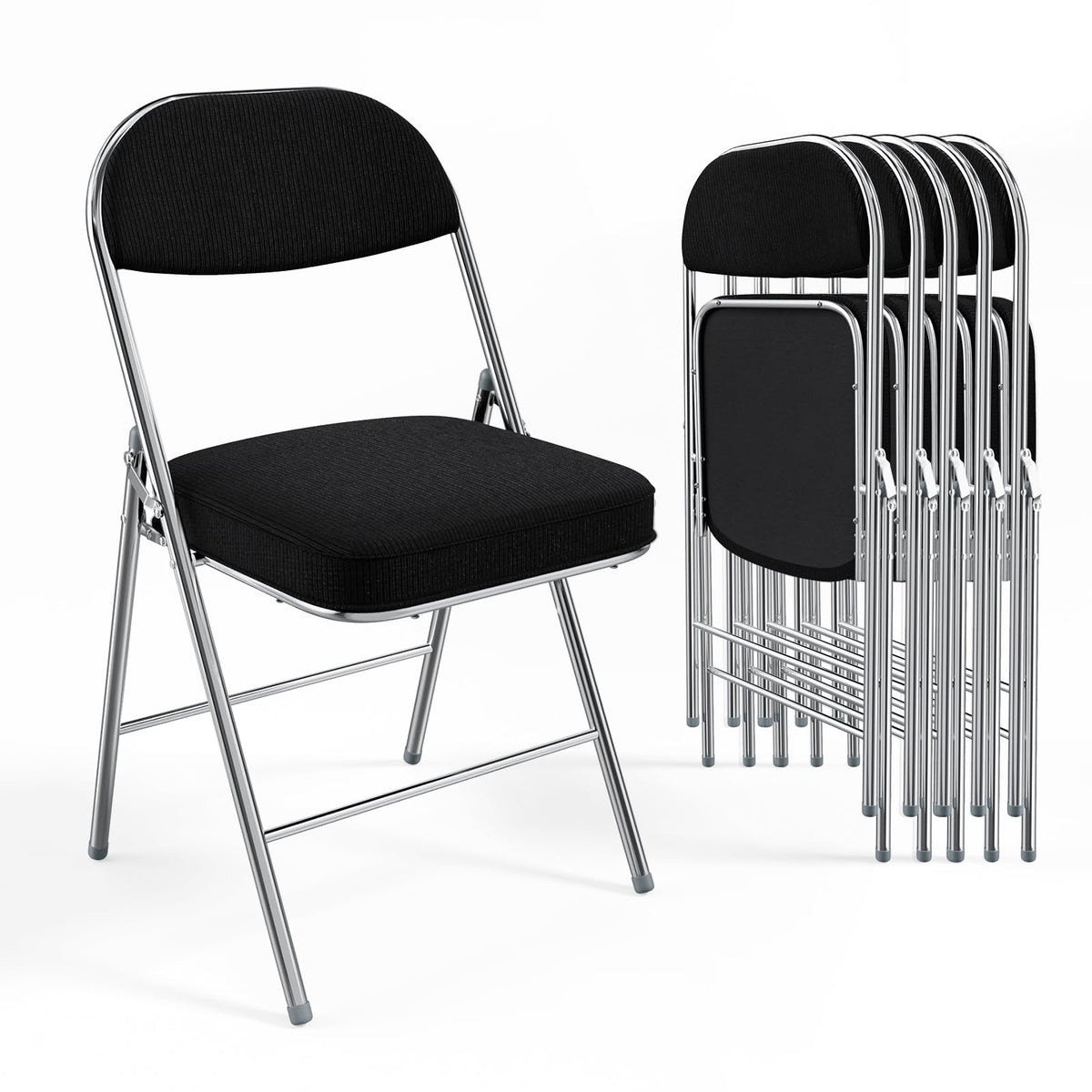 VINGLI 4 Pack Folding Chairs with Padded Seat & Backrest, Metal Frame, Durable Corduroy Fabric, 350 lbs Capacity, Set of 4, Black – Ideal for Weddings, Parties, Office Events