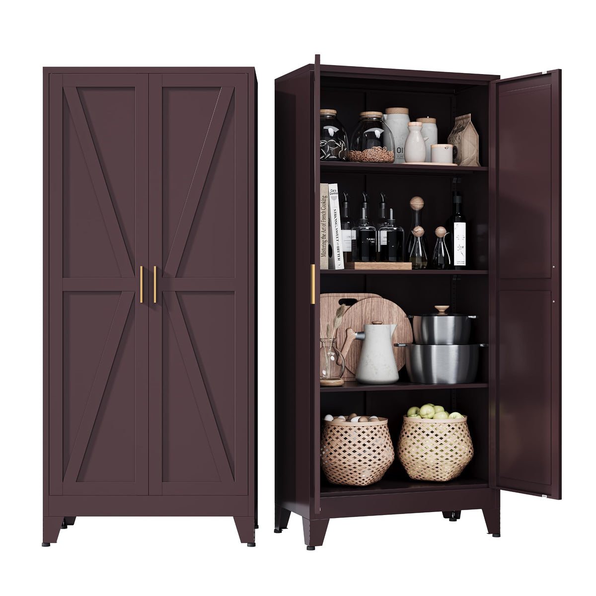 COFaR Black Farmhouse Storage Kitchen Pantry Cabinet with 2 Barn Door, 3 Adjustable Shelves and Legs, for Cupboard/Dining Room/Bathroom/Living Room/Office/Laundry Room (Black, 61" Farmhouse)