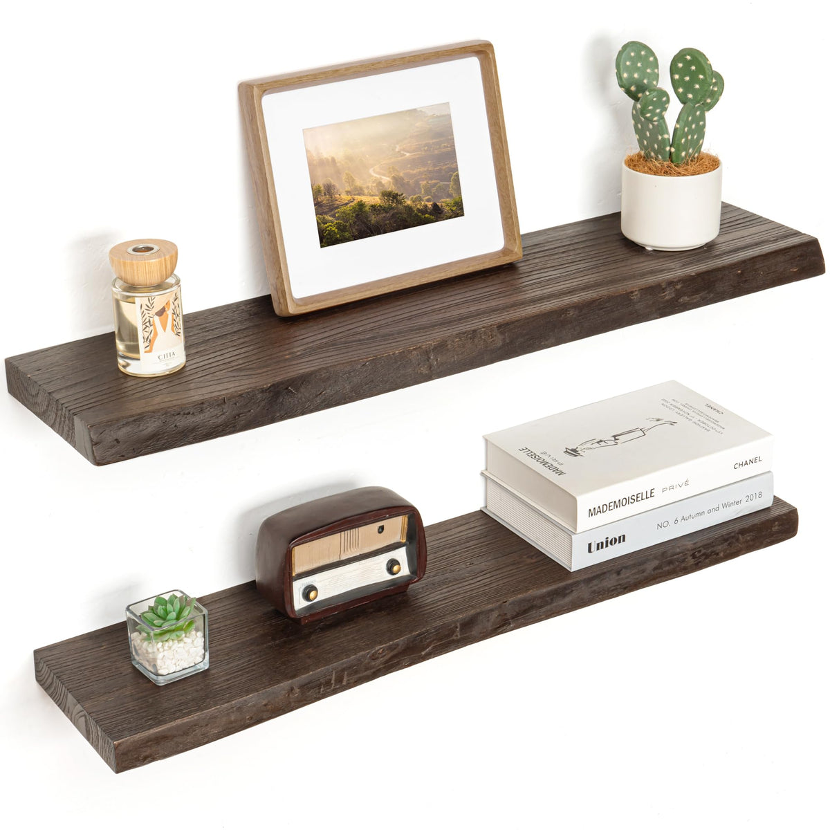Floating Shelves for Wall, Solid Elm Wood Shelves, 24in Set of 2, Natural