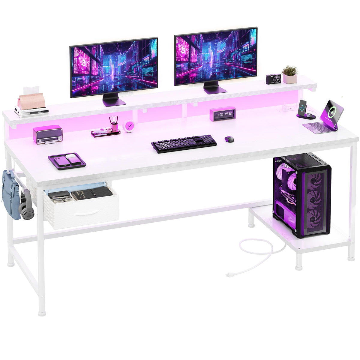 DurayLoly 47.2" Gaming Desk with Power Outlet and LED Lights,Bedroom,Black