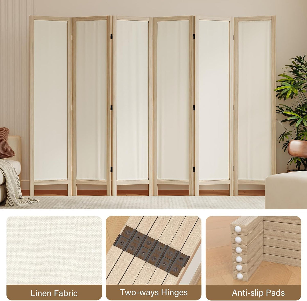 Linen Room Divider Privacy Screen, Foldable Wood Frame Partition Room Dividers with Removable Linen Fabric Curtain, Room Divider Panel, Zero Assembly for Home, Office, or Studio Natural 6 Panel