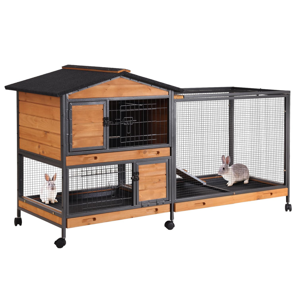 Aivituvin Rabbit Hutch Outdoor Indoor Rabbit Cage Chikcen Coop with Casters Guinea Pig Cage with 3 Deep No Leakage Pull Out Tray,Waterproof Roof
