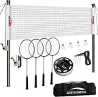 Portable Badminton Set, Heavy-Duty Outdoor Net with 4 Rackets, 3 Shuttlecocks & Boundary Line for Backyard Lawn Beach Family Games