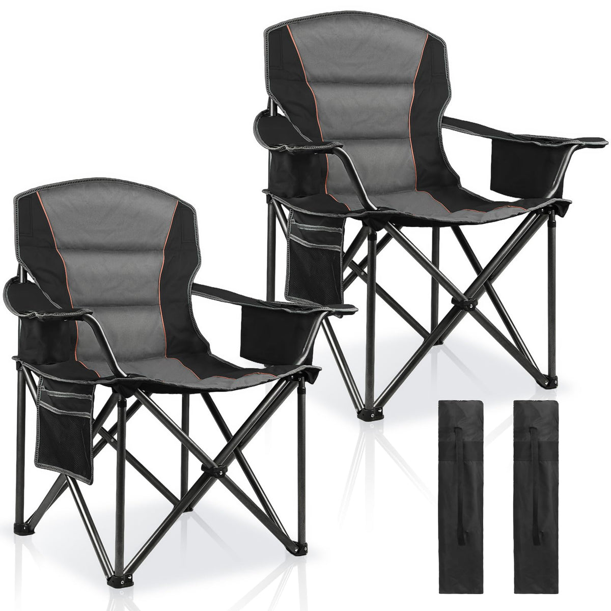 2 Pack Padded Oversized Camping Chairs for Adults,Heavy Duty Support 400 Lbs,Folding Portable Lawn Chair w/Cup Holder,Cooler Bag,Side Pocket,Perfect for Outdoor Picnic,Hiking(Orange&Blue)