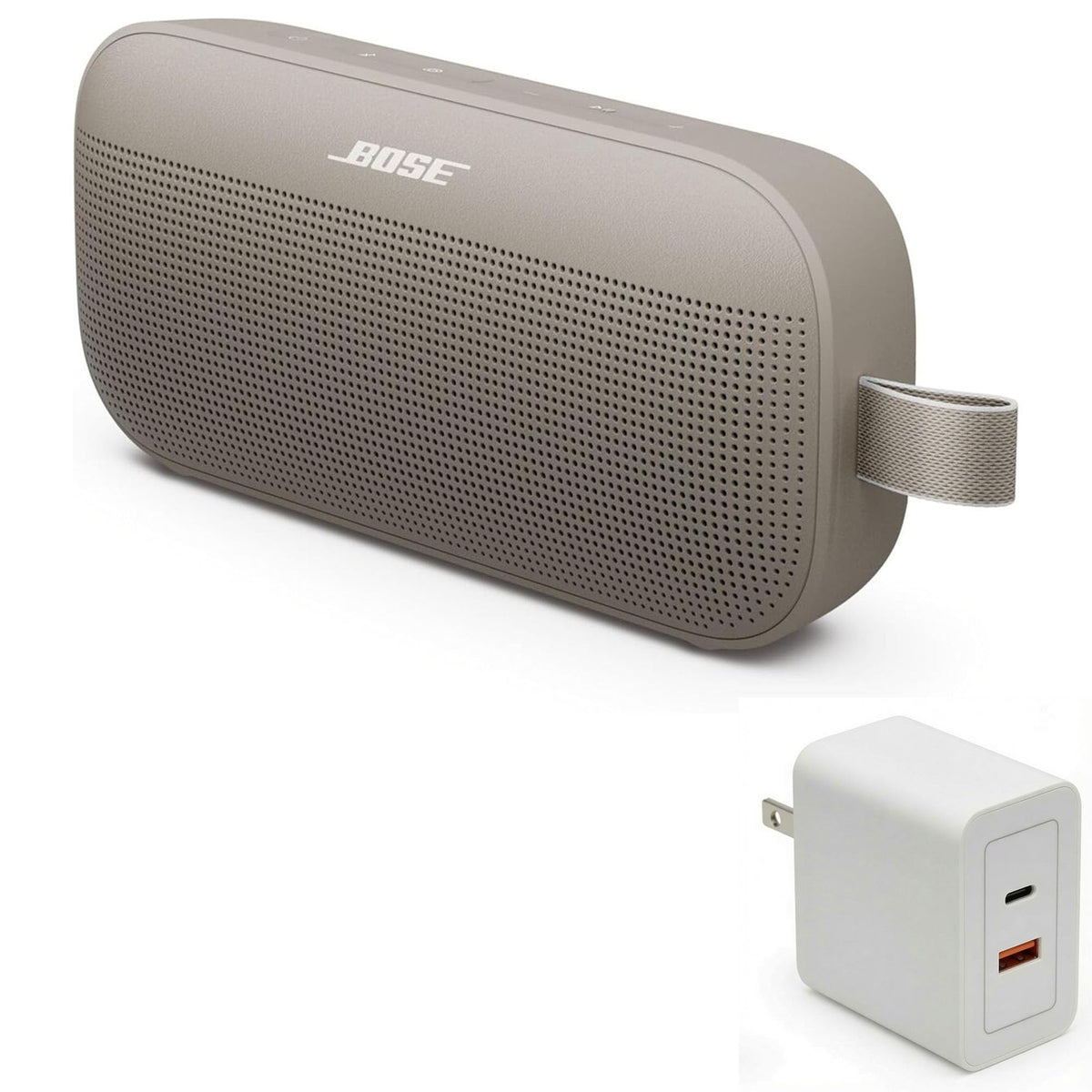 Bose SoundLink Flex Bluetooth Speaker (2nd Gen) Bundle with Fast Charger - Portable Outdoor Speaker with Hi-Fi Audio, Waterproof and Dustproof, USB-C, Up to 12 Hours Battery Life, (Sandstone)