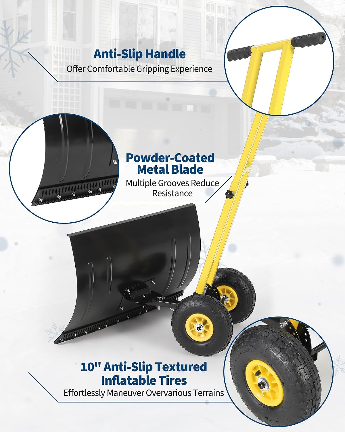 Snow Shovel with Wheels for Driveway, 29" W X 19.8" H Heavy Duty Double Rod