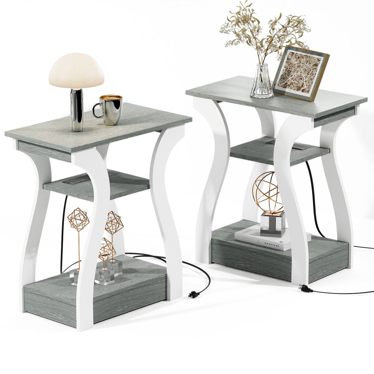 FROMJBEST End Tables Living Room Set of 2 with Charging Station, Black