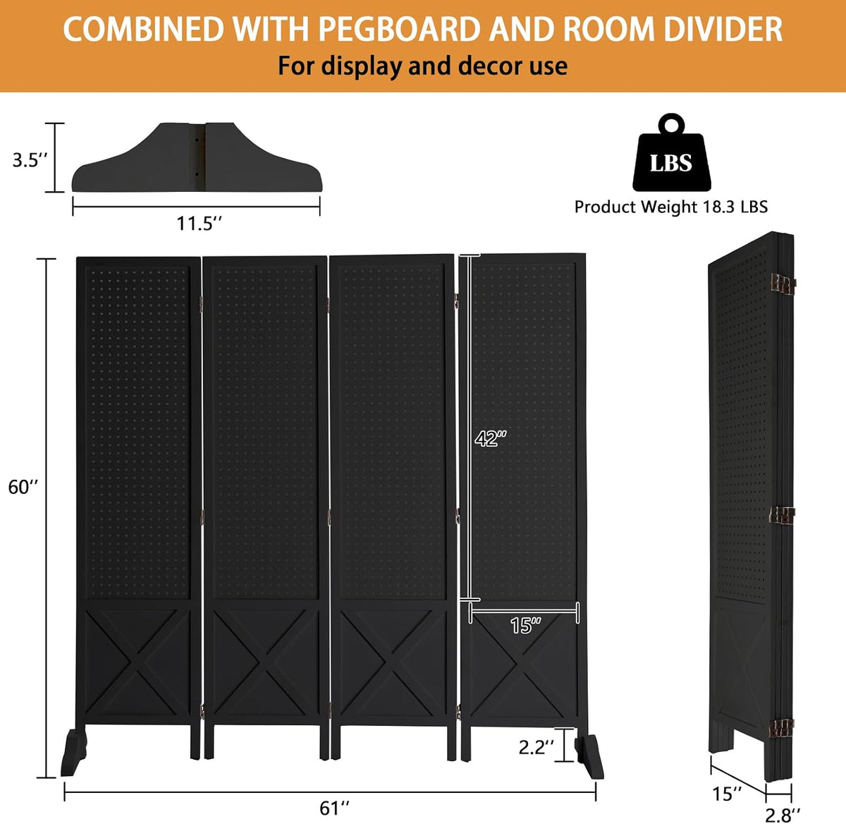 VINGLI Freestanding Pegboard with Support Feet, 5 FT Wood Room Divider Display Board Organizer, Folding Privacy Screen Partition Space Separator for Craft Shows Events Retail (Black, 4 Panel)