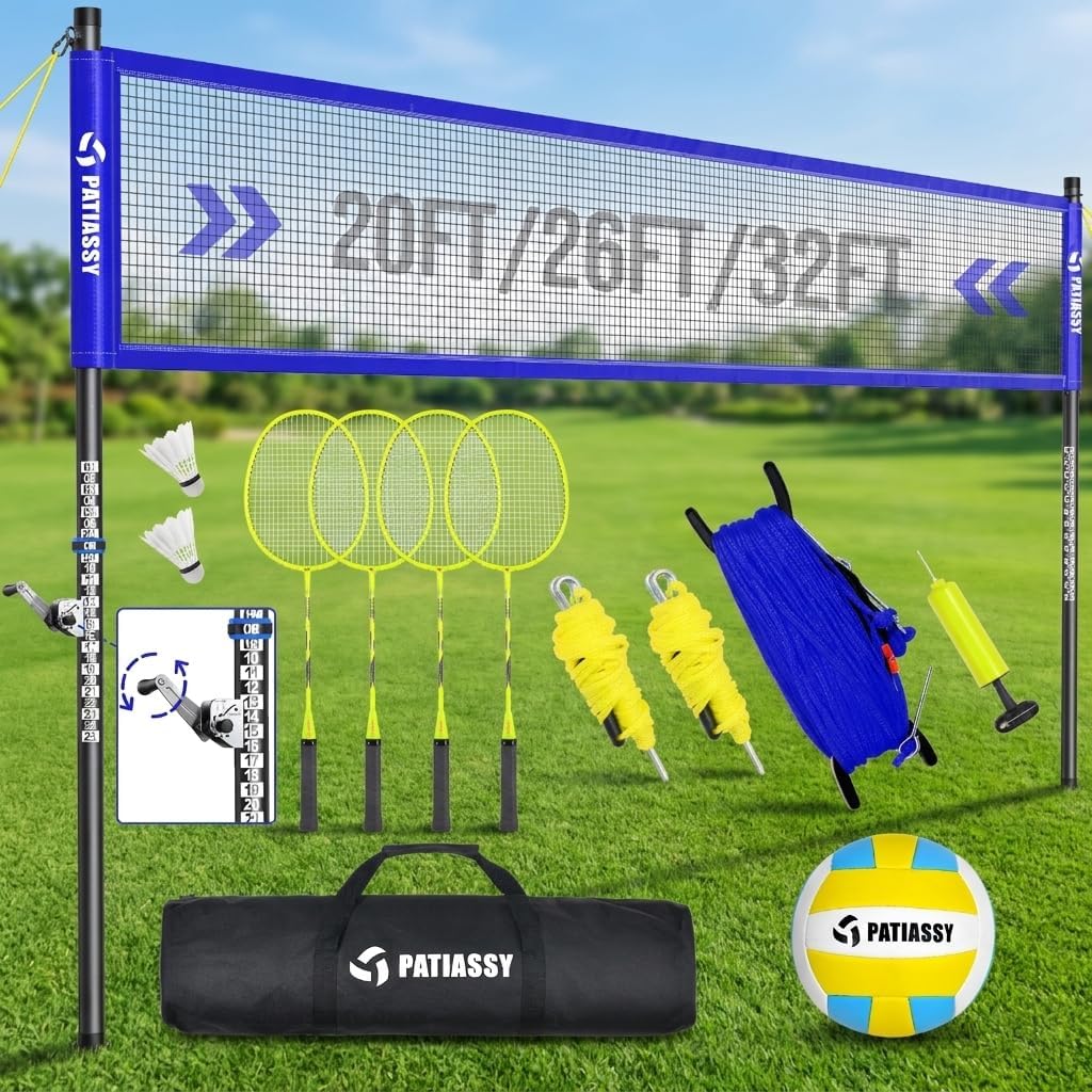 Portable Volleyball Net Set for Backyard, Adjustable Width (32/26/20FT) & Height, Anti-Sag Tension Design for Outdoor Stability, PU Volleyball with Pump, Carry Bag