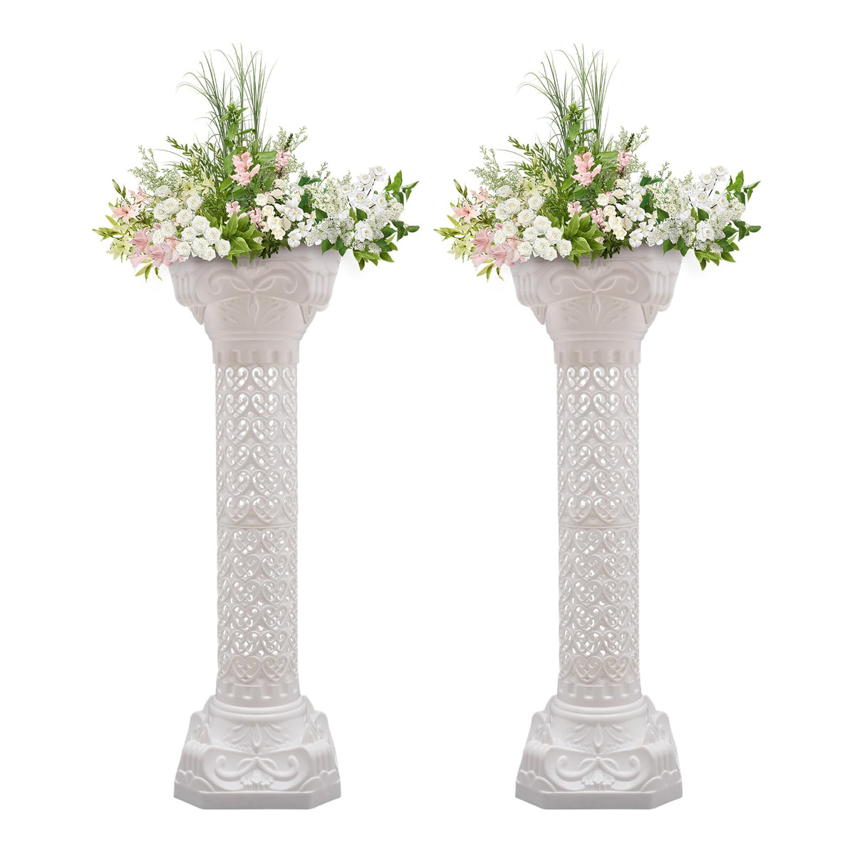 4Pcs Roman Pillar Greek Columns, Elegant Wedding Roman Decorative Column Pillars Stand, Flower Rack Holder Pillars Decoration Party Flower Pot Columns Decoration, White, 34.65"/ 88cm Tall