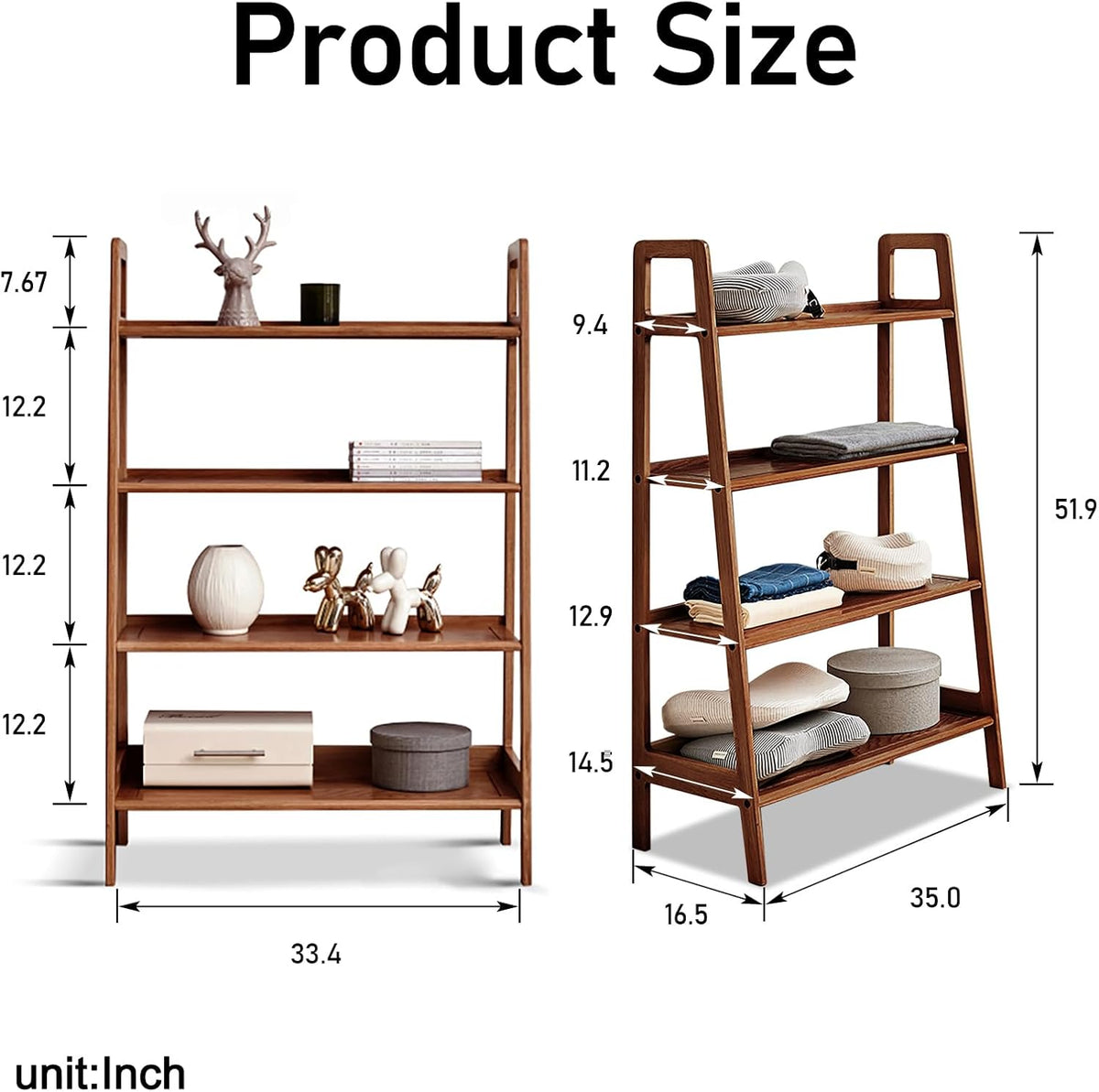 Ladder Shelf, 4-Tier Bookshelf, Modern Narrow Bookshelf, 100% Solid Wood Bookshelf, Shelves for Bedroom, Living Room (35 Inches)
