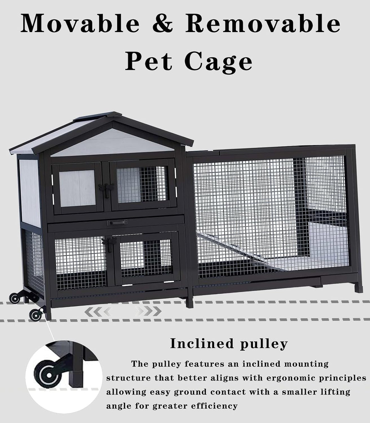 Rabbit Hutch 58" Rabbit Cage Outdoor&Indoor 2-Story Chicken Coop Guinea Pig Cage on Wheels Bunny Cage with 3 Deep No Leakage Pull Out Tray,Waterproof Roof (Black)