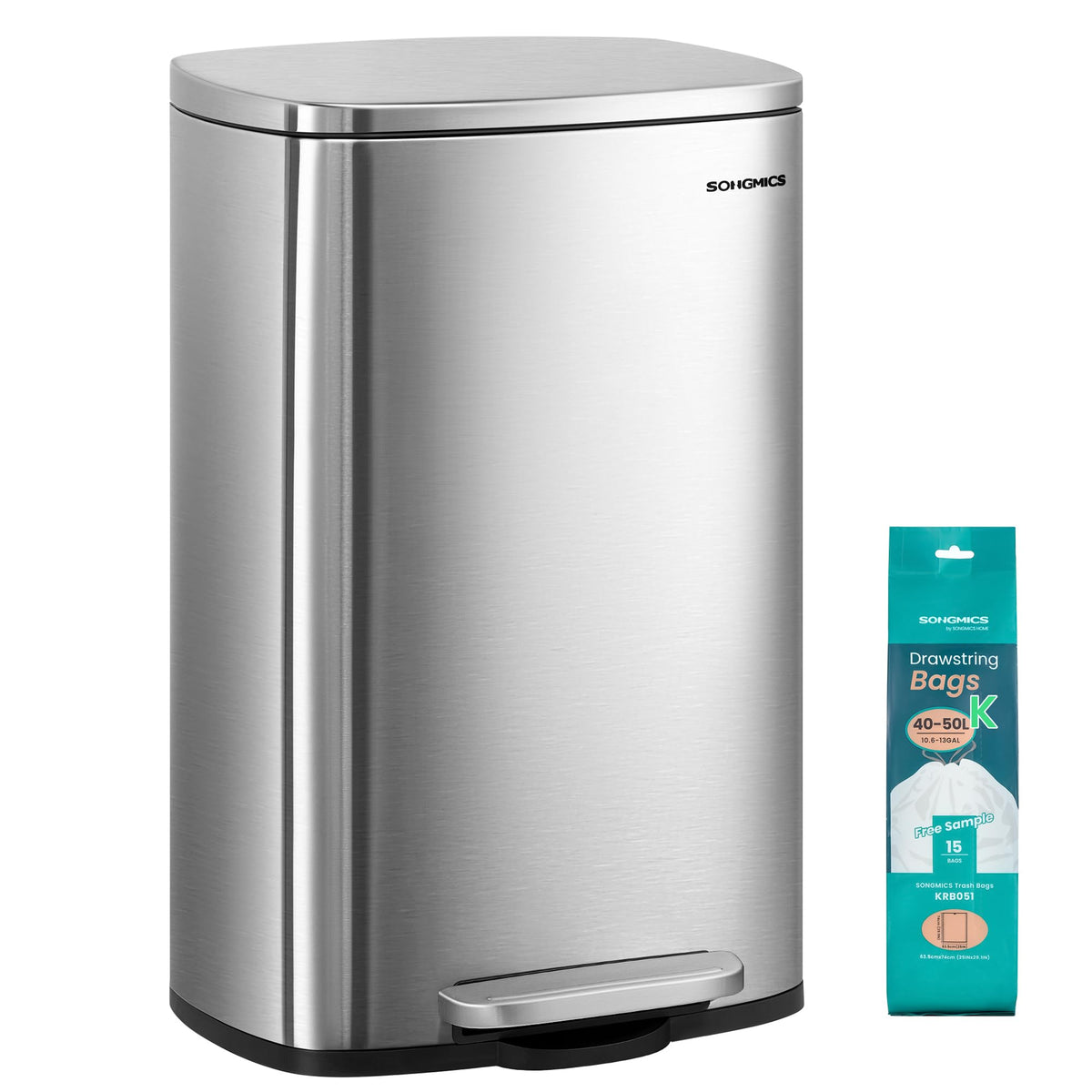 SONGMICS 20 Gallon (75 L) Trash Can, Stainless Steel, Step-On Pedal