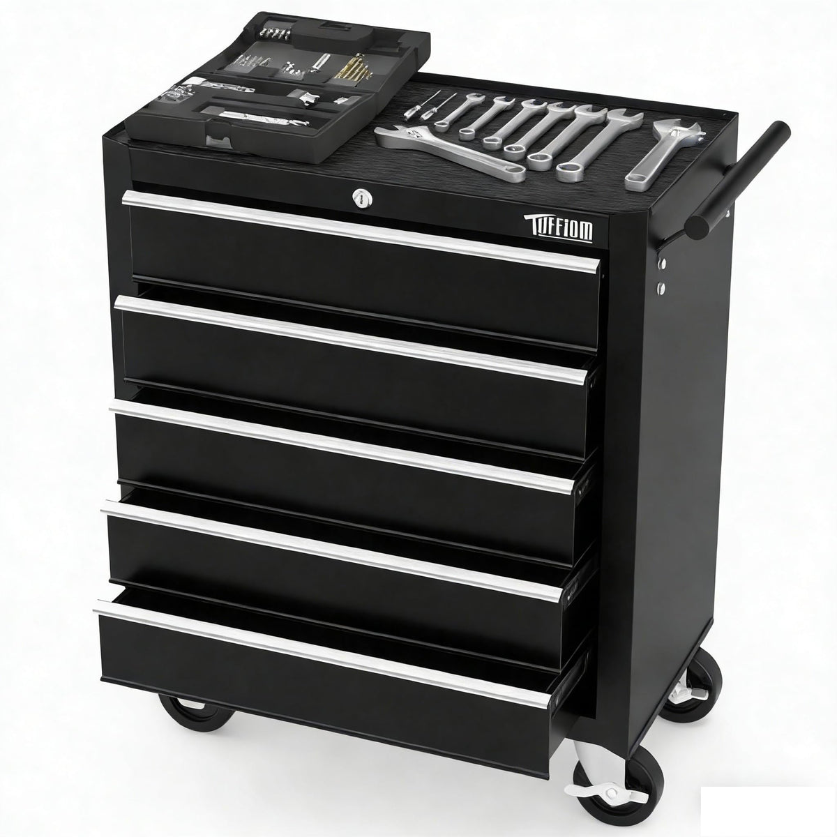 TUFFIOM 5-Drawer Rolling Tool Chest w/Drawers & Lock, Tool Storage Cabinet with Lockable Wheels, Top Cushion & Drawer Liners, Tool Organizer Box for Garage, Warehouse & Repair Sho