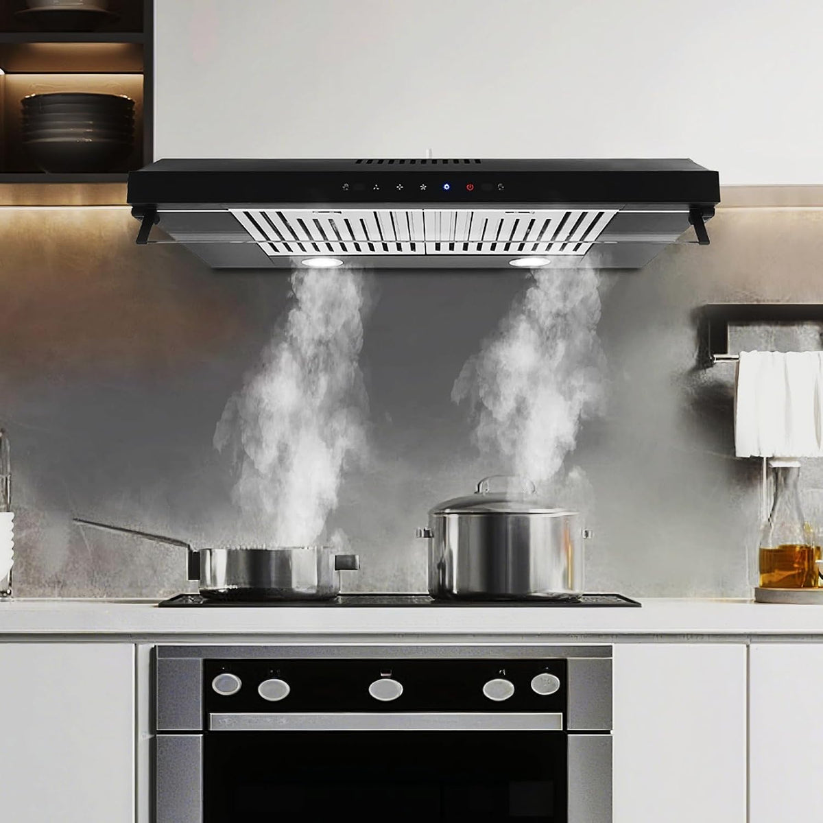 30In Under Cabinet Range Hood 900CFM Black Ducted/Ductless Range Hoods Kitchen Stove Vent Hood for Kitchen Stainless Steel Range Hoods,3-speed Fan,Touch Control/Gesture Sensing (30in-900CFM)