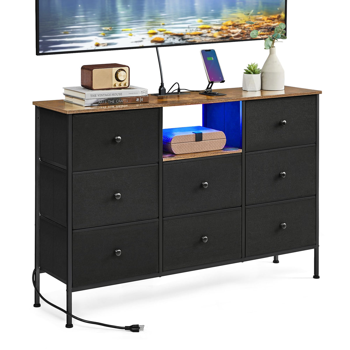 SONGMICS Dresser for Bedroom with Outlets & LED Lights, 8 Fabric Drawers