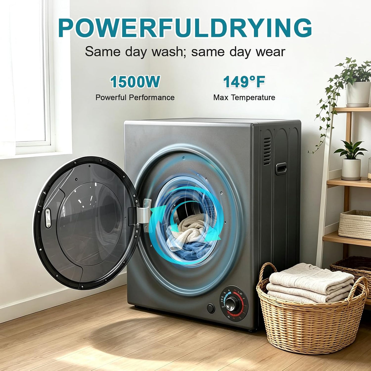 3.0 Cu.Ft Portable Dryer for Clothes, 1500W Dryer, 4 Drying Mode