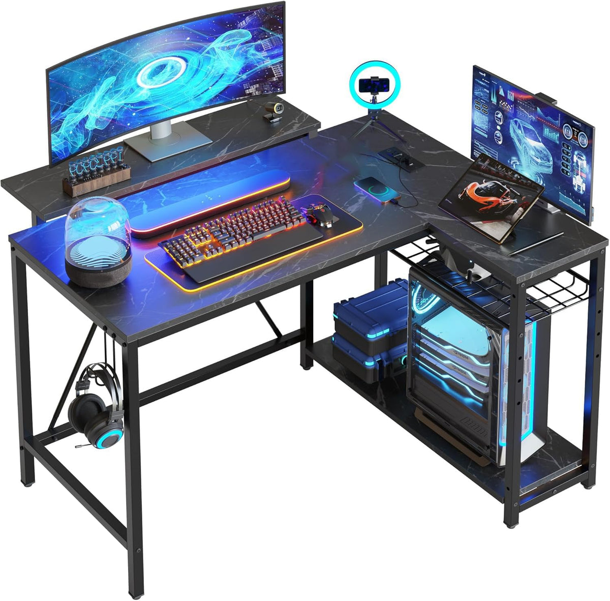 Bestier 42-Inch Pink L-Shaped Gaming Desk with Charging & LED