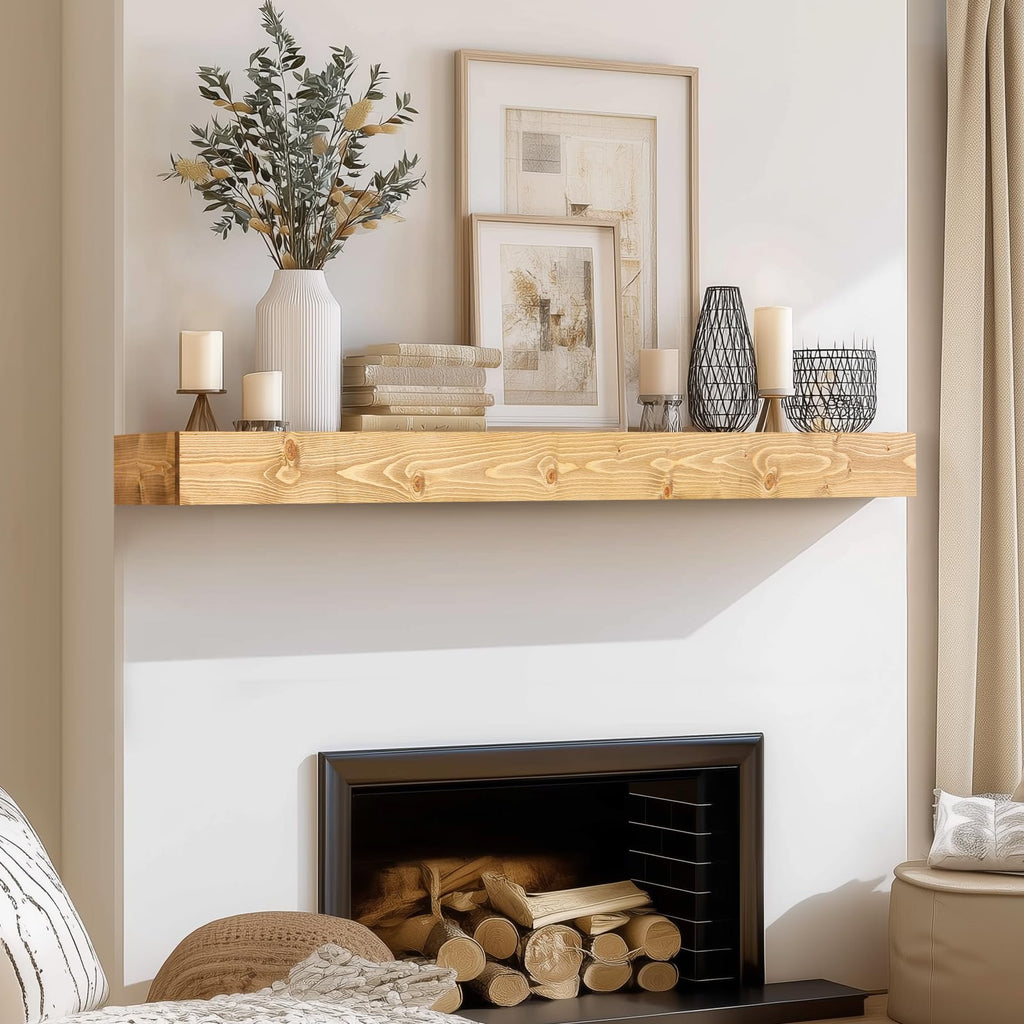 60x8x3in Rustic Fireplace Mantel Pine Wood, Weathered Brown