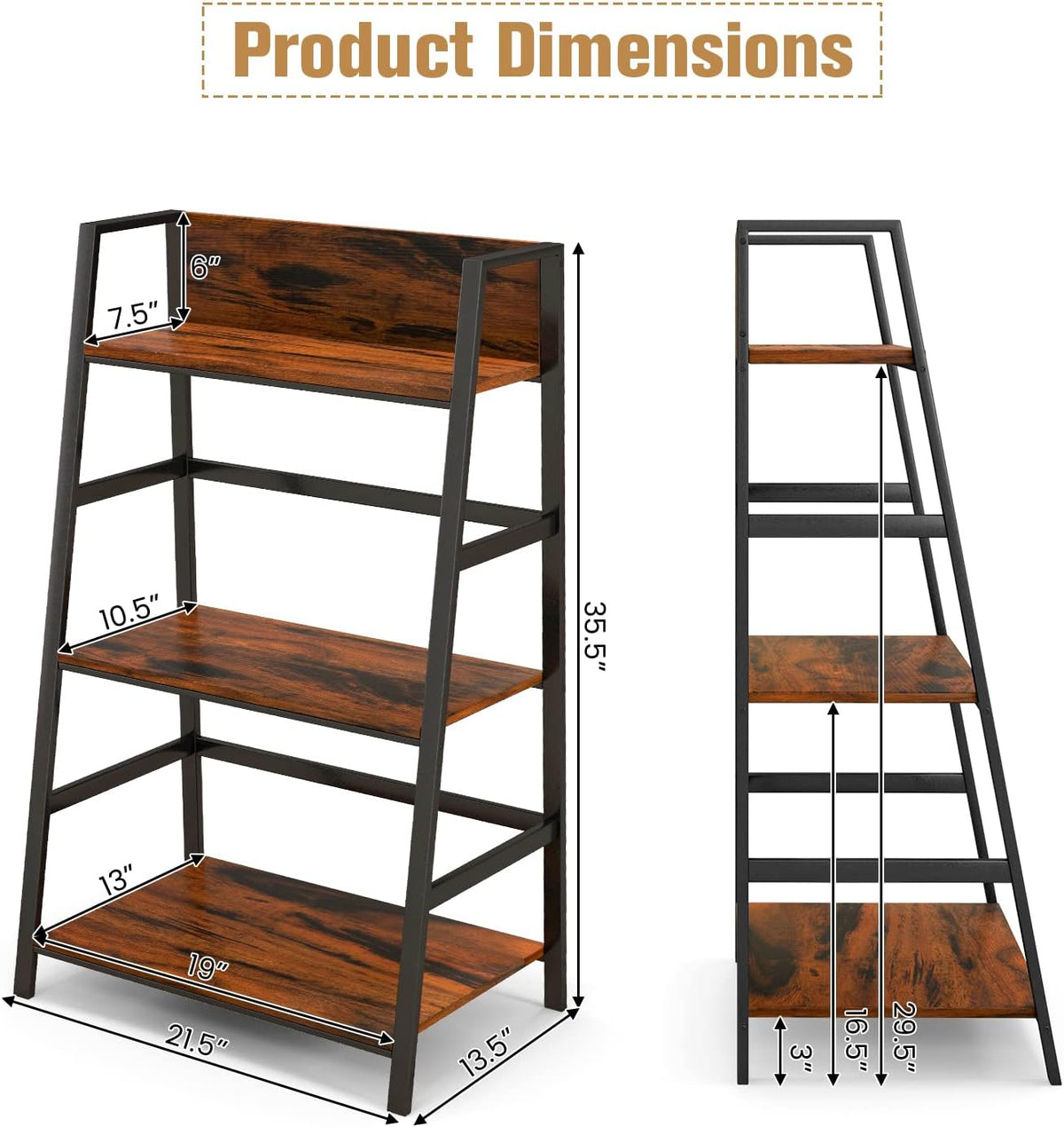 Tangkula 3-Tier Ladder Shelf, Industrial Wood Bookshelf