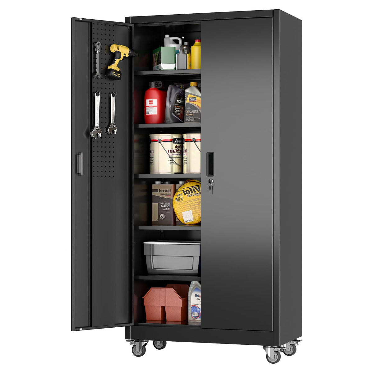 Aobabo 71" Metal Storage Cabinet with Wheels, 5 Shelves & Pegboards, Black