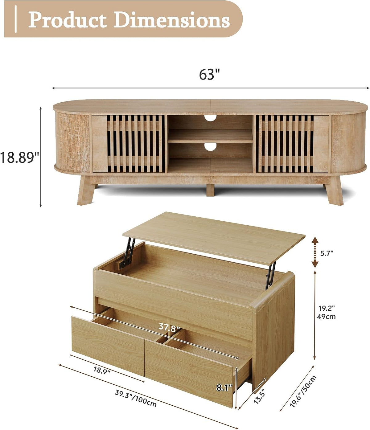 Living Room Table Sets of 2, Oval TV Stand and Coffee Table Set