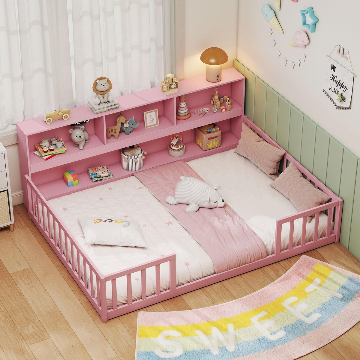 GIANTEX Twin Floor Bed with Fence for Kids, Wooden Montessori Bed Frame with Lockable Door & Guardrails, Low Floor Beds for Kids, Boys, Girls, No Box Spring Needed, Without Wood Slats, White