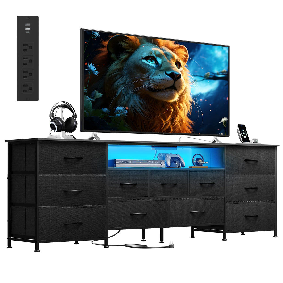 WLIVE LED Dresser TV Stand for 75 Inch TV, 12 Drawers, Black