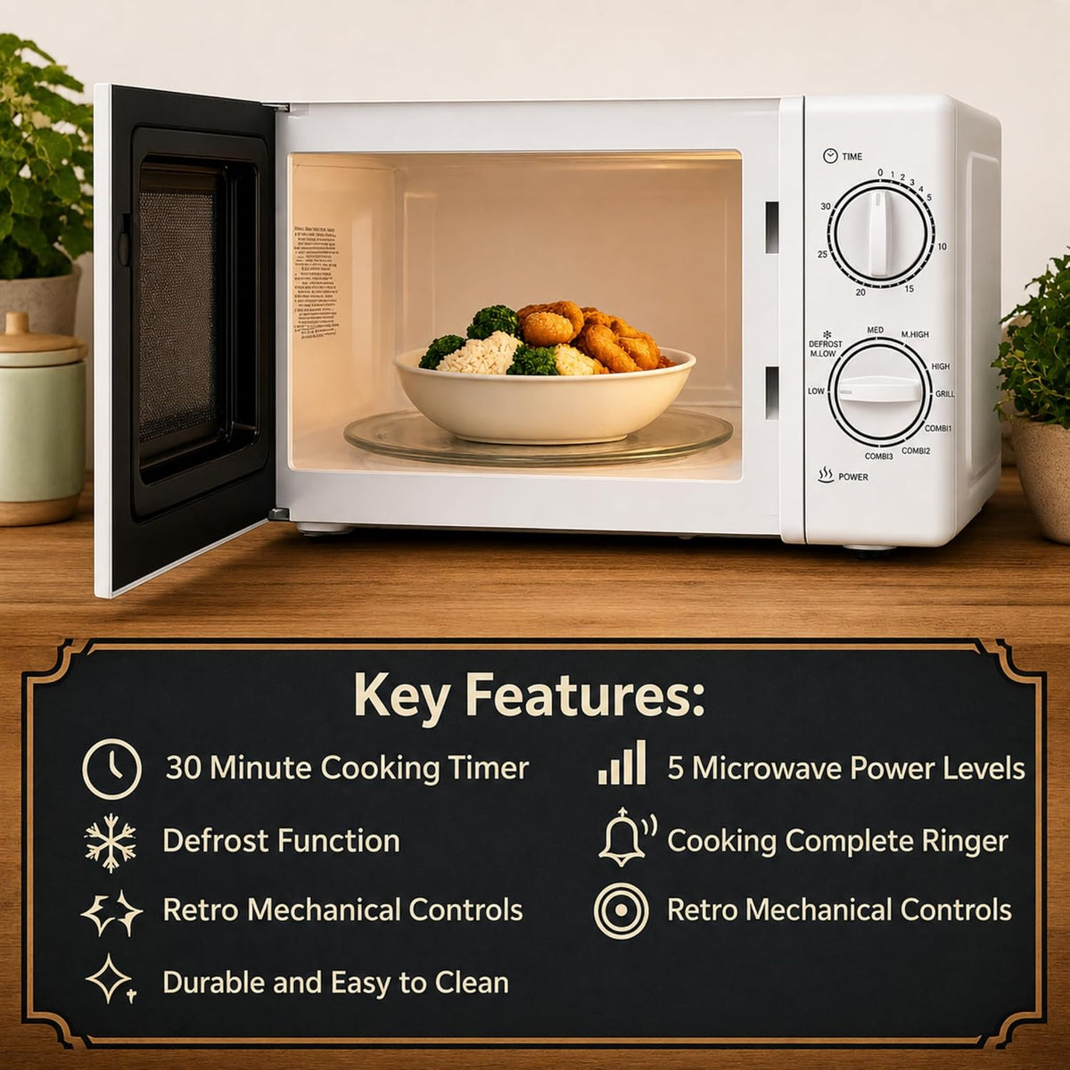 IMPECCA Countertop Microwave Oven Retro Mechanical Dials 5 Modes Timer Defrost 0.7 Cu 700W 9.65” Turntable Easy Clean