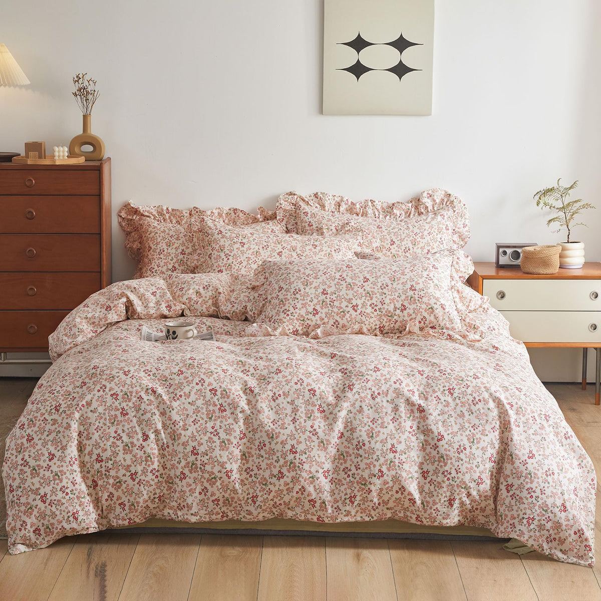 LifeTB Green Floral 100% Jersey Knit Cotton Duvet Cover Queen Vintage Style Botanical Floral Bedding Set Chic Shabby Green Floral Comforter Cover Girl Women Flower Bedding Cover with 2 Pillowcases