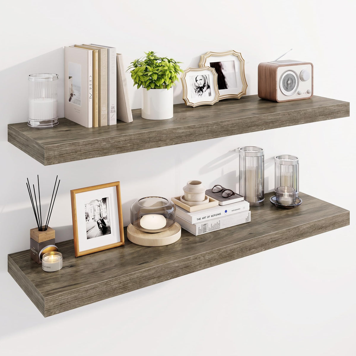 Marsmiles 55" Floating Shelves for Wall, Wooden Shelves with Invisible Brackets Set of 2, Rustic Farmhouse Wall Mounted Shelf for Kitchen Bathroom Living Room Study, White